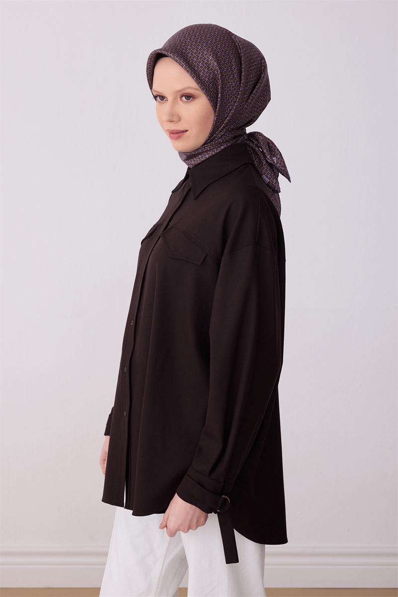Belli Kahverengi Klasik Desen %100 Twill İpek Eşarp 4317-34