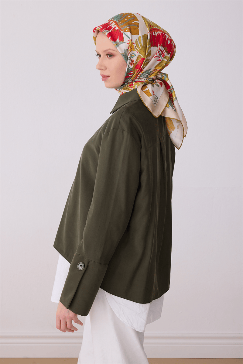 Belli Kırmızı Çiçek Desen %100 Twill İpek Eşarp 4323-01