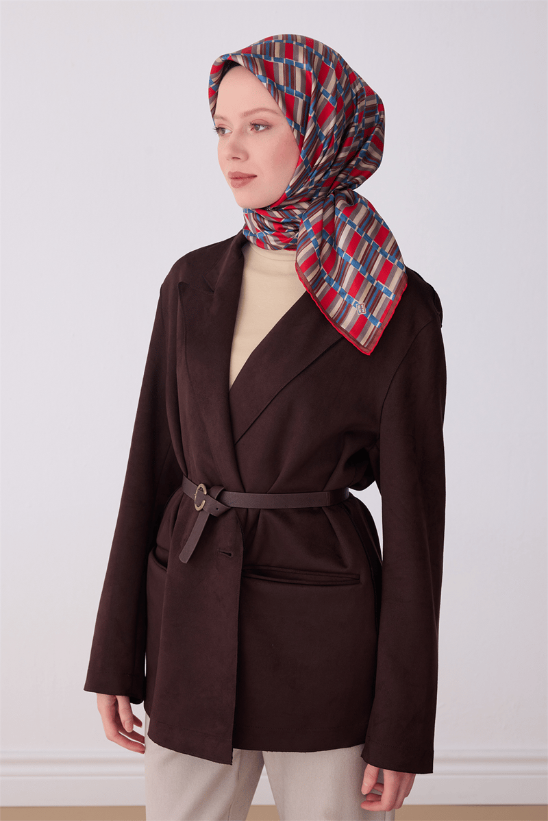 Belli Kırmızı Geometrik Desen %100 Twill İpek Eşarp 4302-83