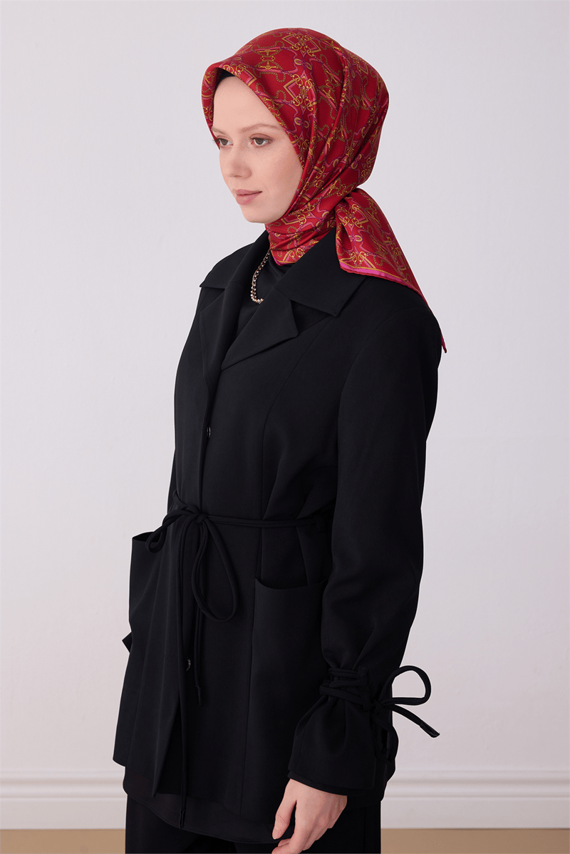 Belli Kırmızı Klasik Desen %100 Twill İpek Eşarp 4328-01