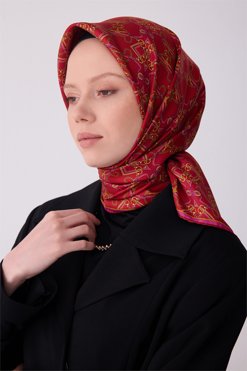Belli Kırmızı Klasik Desen %100 Twill İpek Eşarp 4328-01