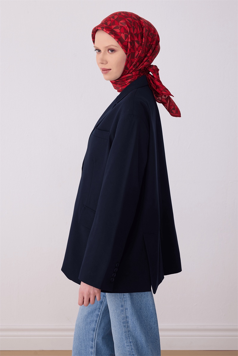 Belli Kırmızı Obje Desen %100 Twill İpek Eşarp 4322-84