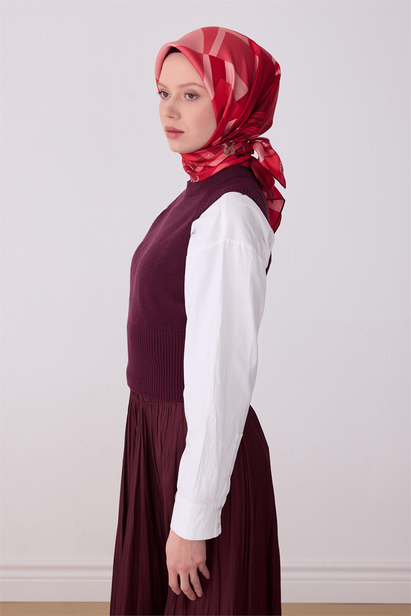 Belli Kırmızı Obje Desen %100 Twill İpek Eşarp 4300-04