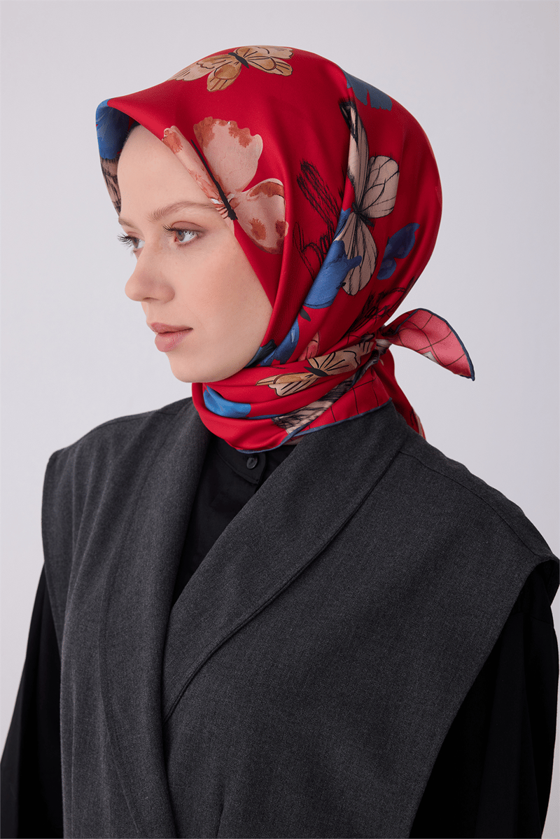 Belli Kırmızı Obje Desen %100 Twill İpek Eşarp 4329-83