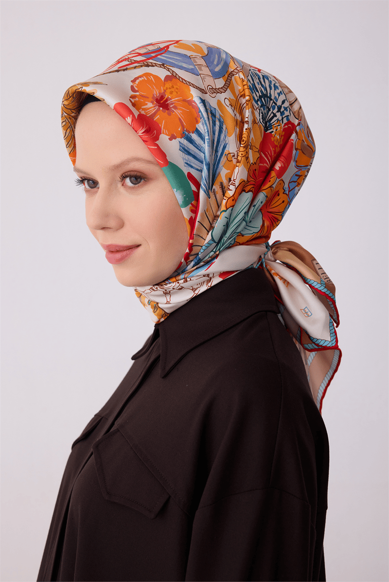 Belli Kırmızı Obje Desen %100 Twill İpek Eşarp 4324-03