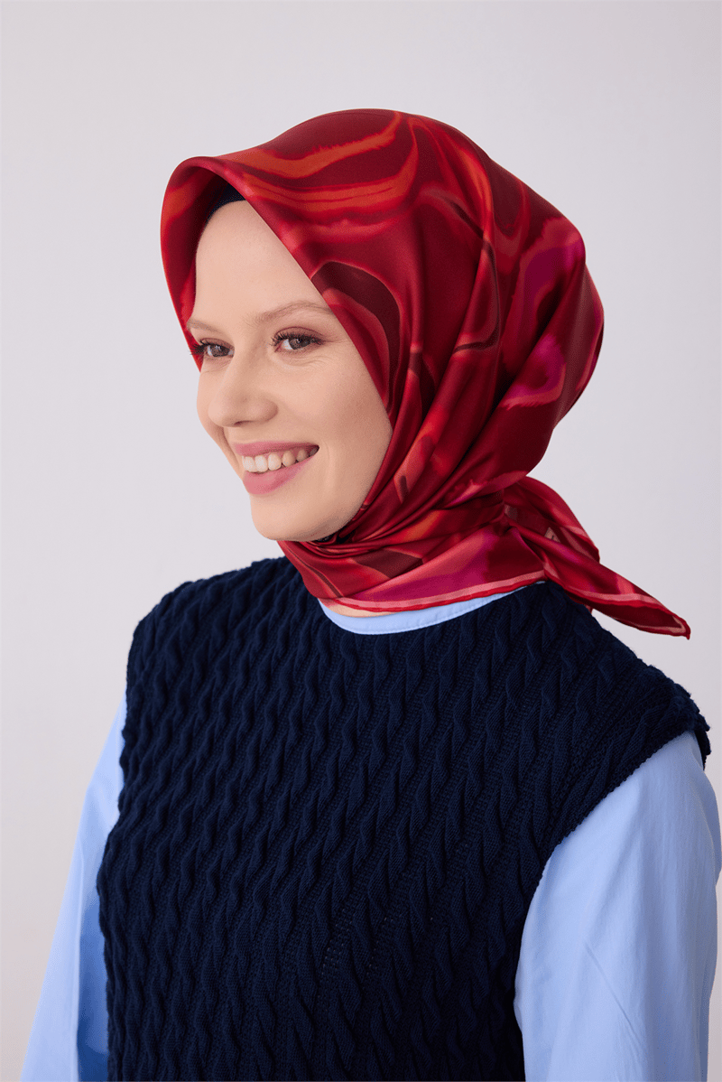 Belli Kırmızı Soyut Desen %100 Twill İpek Eşarp 4301-33