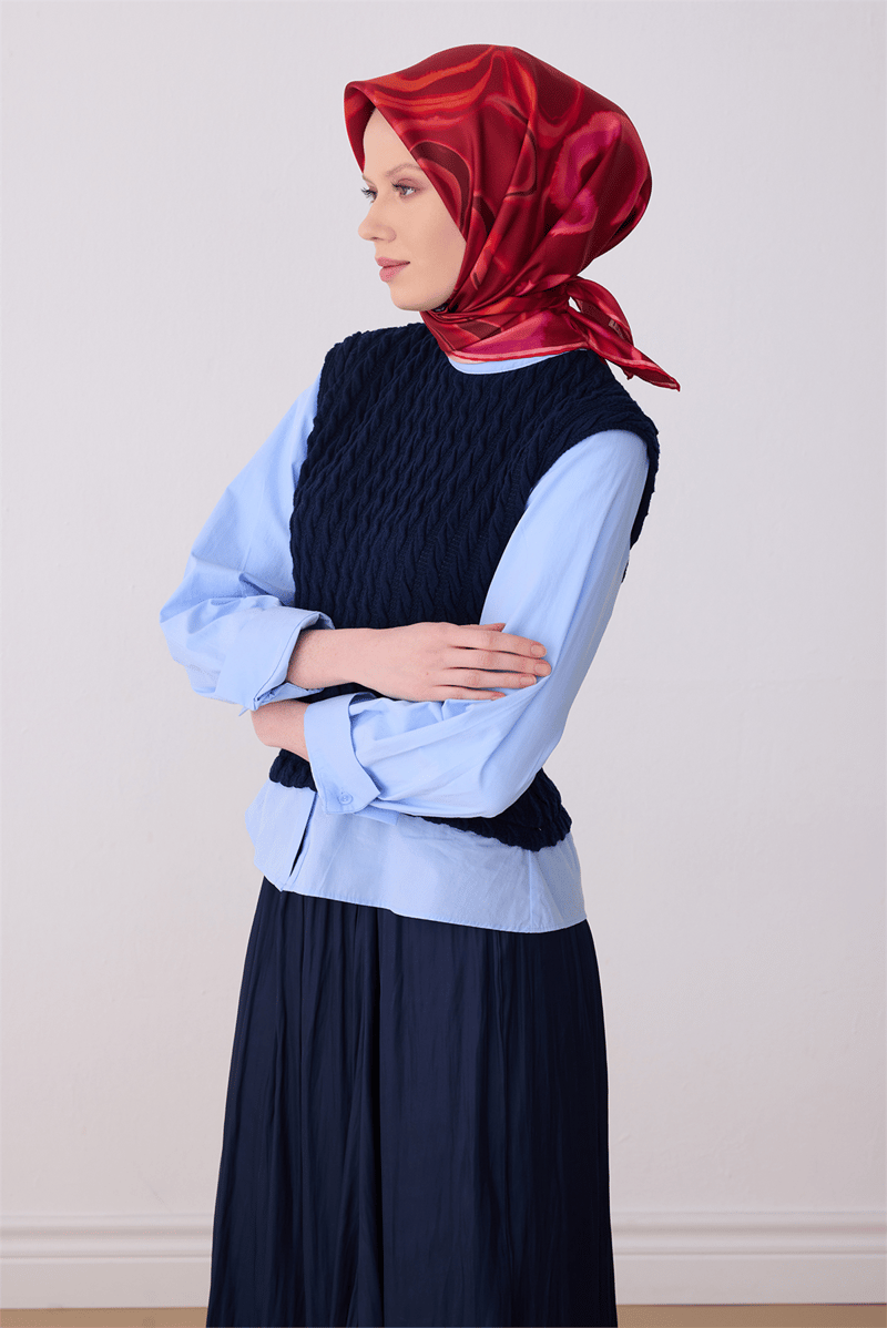 Belli Kırmızı Soyut Desen %100 Twill İpek Eşarp 4301-33
