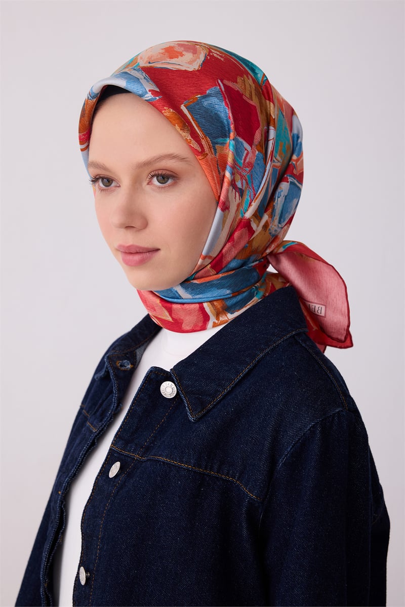 Belli Kırmızı Soyut Desen %100 Twill İpek Eşarp 4310-05