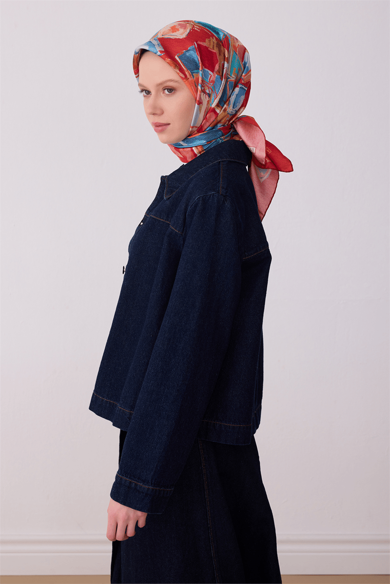 Belli Kırmızı Soyut Desen %100 Twill İpek Eşarp 4310-05