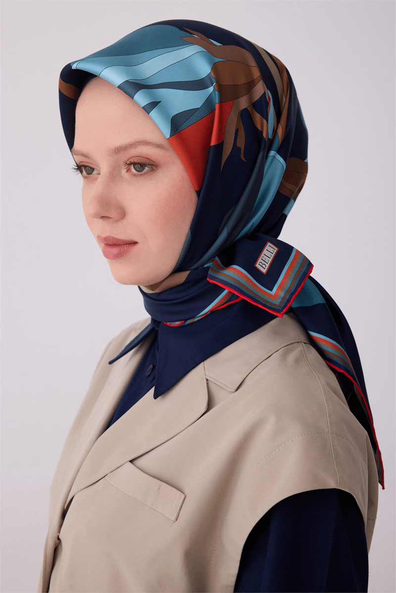Belli Lacivert Çiçek Desen %100 Twill İpek Eşarp 4303-51