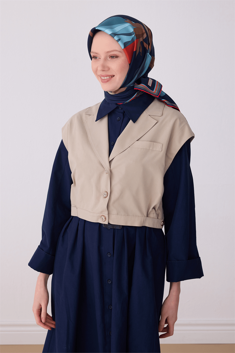 Belli Lacivert Çiçek Desen %100 Twill İpek Eşarp 4303-51