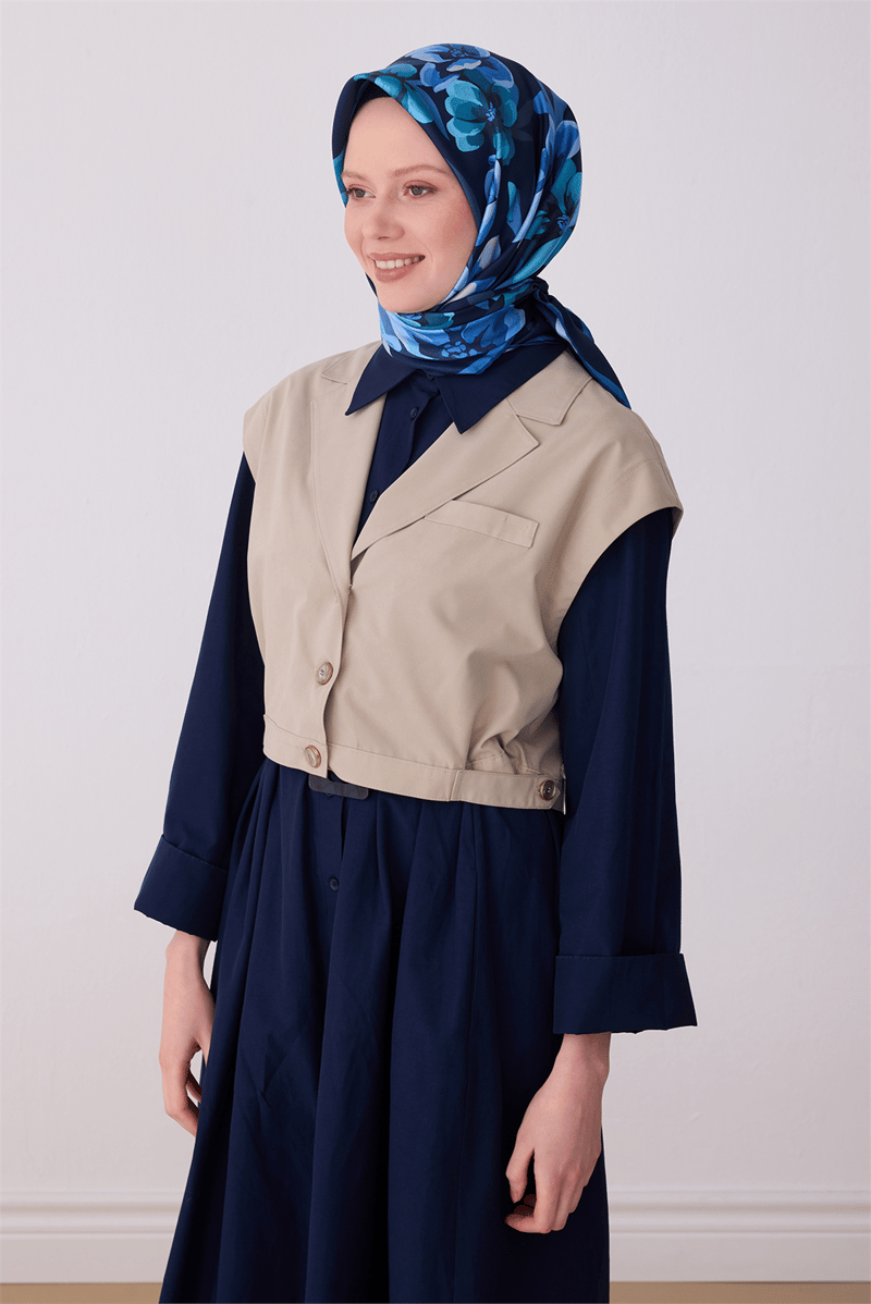 Belli Lacivert Çiçek Desen %100 Twill İpek Eşarp 4330-80