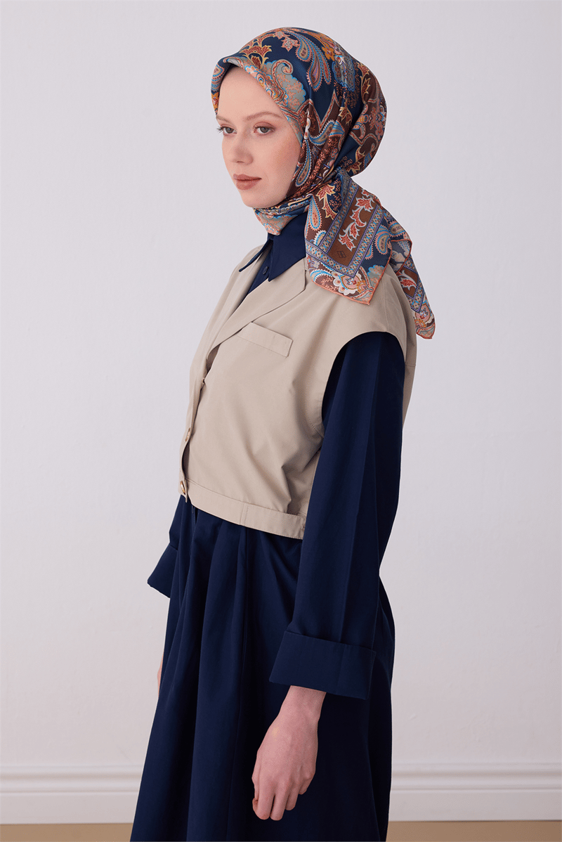 Belli Lacivert Etnik Desen %100 Twill İpek Eşarp 4304-31