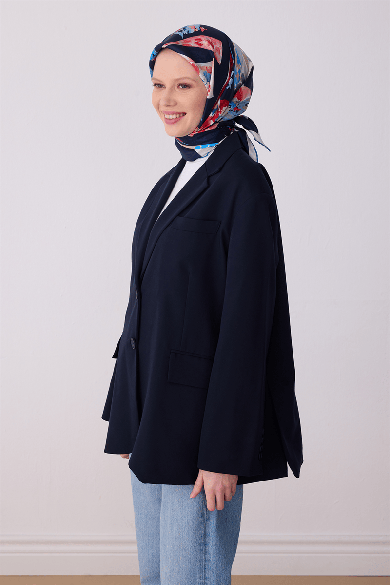 Belli Lacivert Obje Desen %100 Twill İpek Eşarp 4316-02