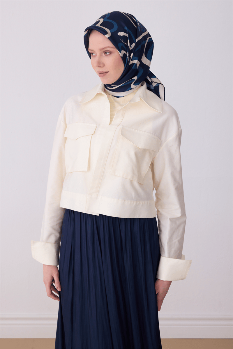 Belli Lacivert Soyut Desen %100 Twill İpek Eşarp 4309-34