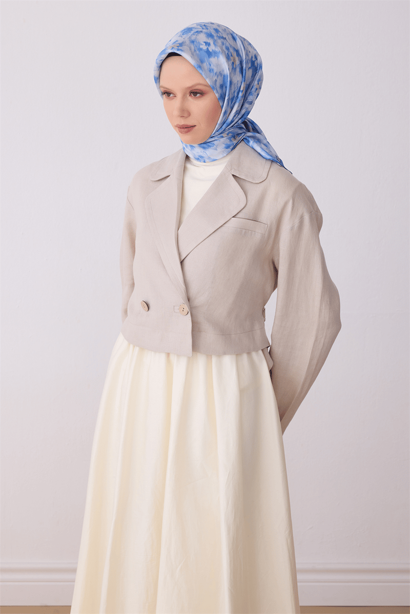 Belli Mavi Çiçek Desen %100 Twill İpek Eşarp 4319-85