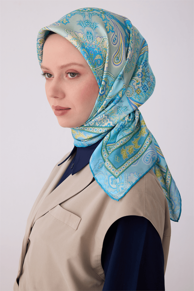 Belli Mavi Etnik Desen %100 Twill İpek Eşarp 4304-52