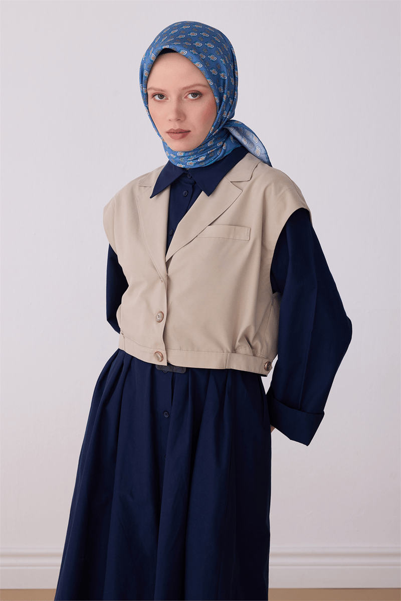 Belli Mavi Etnik Desen %100 Twill İpek Eşarp 4308-82