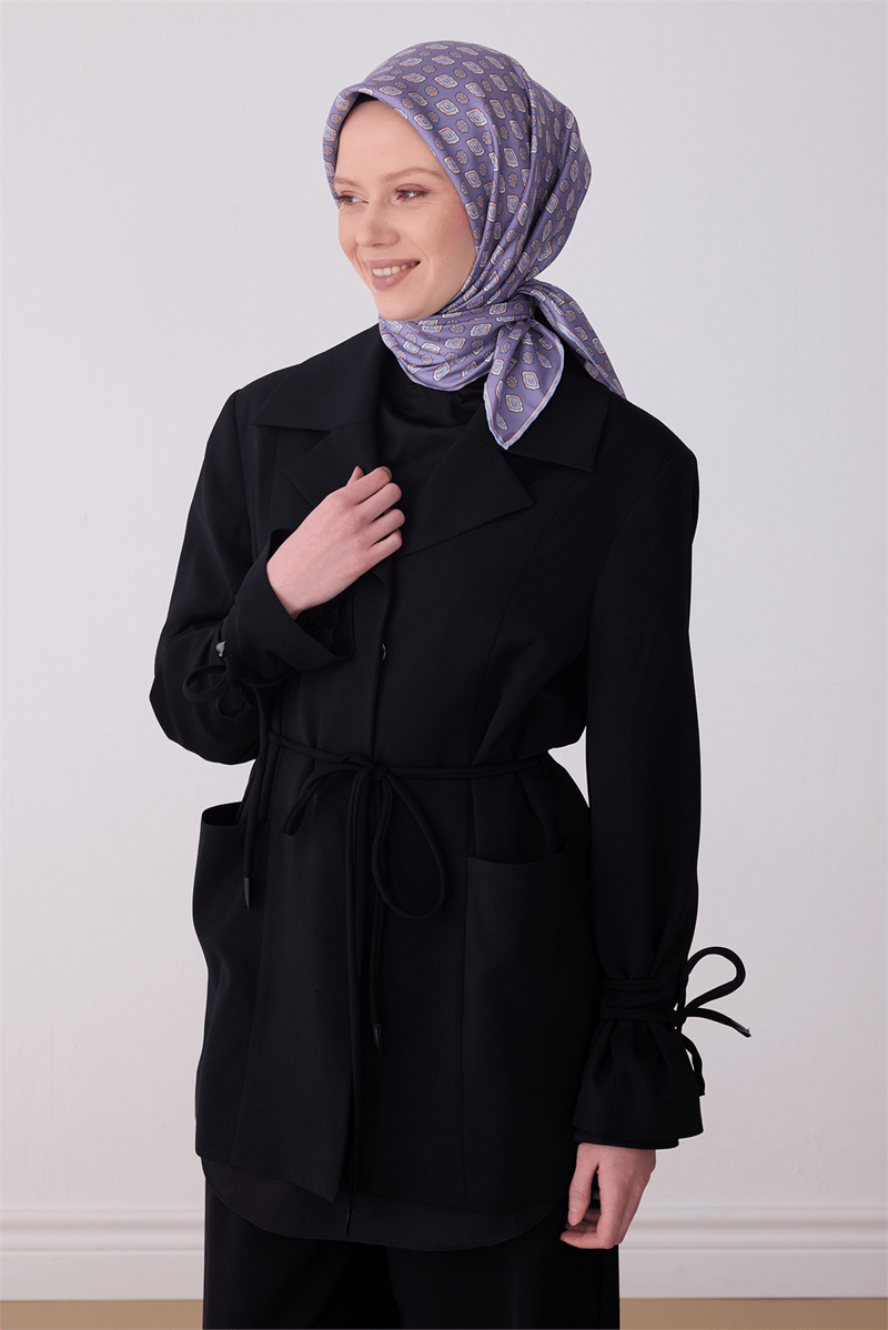 Belli Mavi Etnik Desen %100 Twill İpek Eşarp 4308-35
