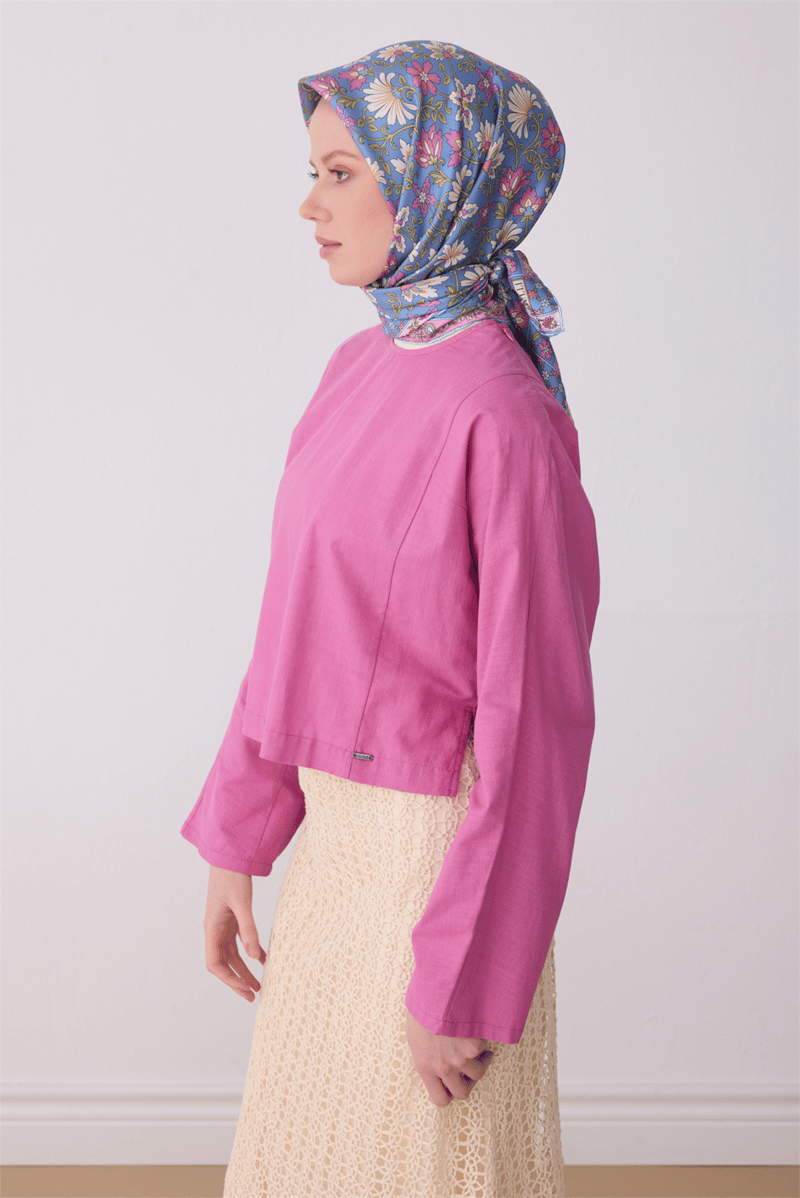 Belli Mavi Etnik Desen %100 Twill İpek Eşarp 4314-32