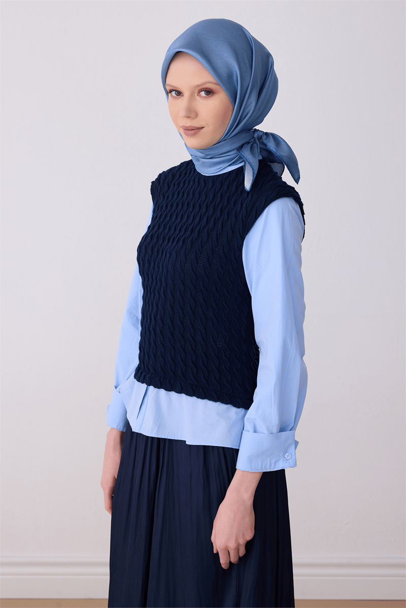Belli Mavi Klasik Desen %100 Twill İpek Eşarp 4305-81