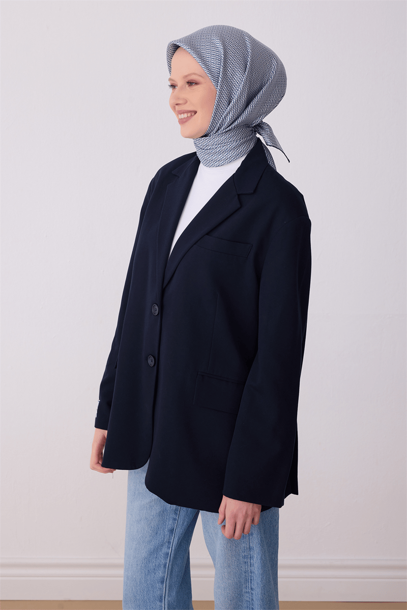 Belli Mavi Monogram Desen %100 Twill İpek Eşarp 4321-56