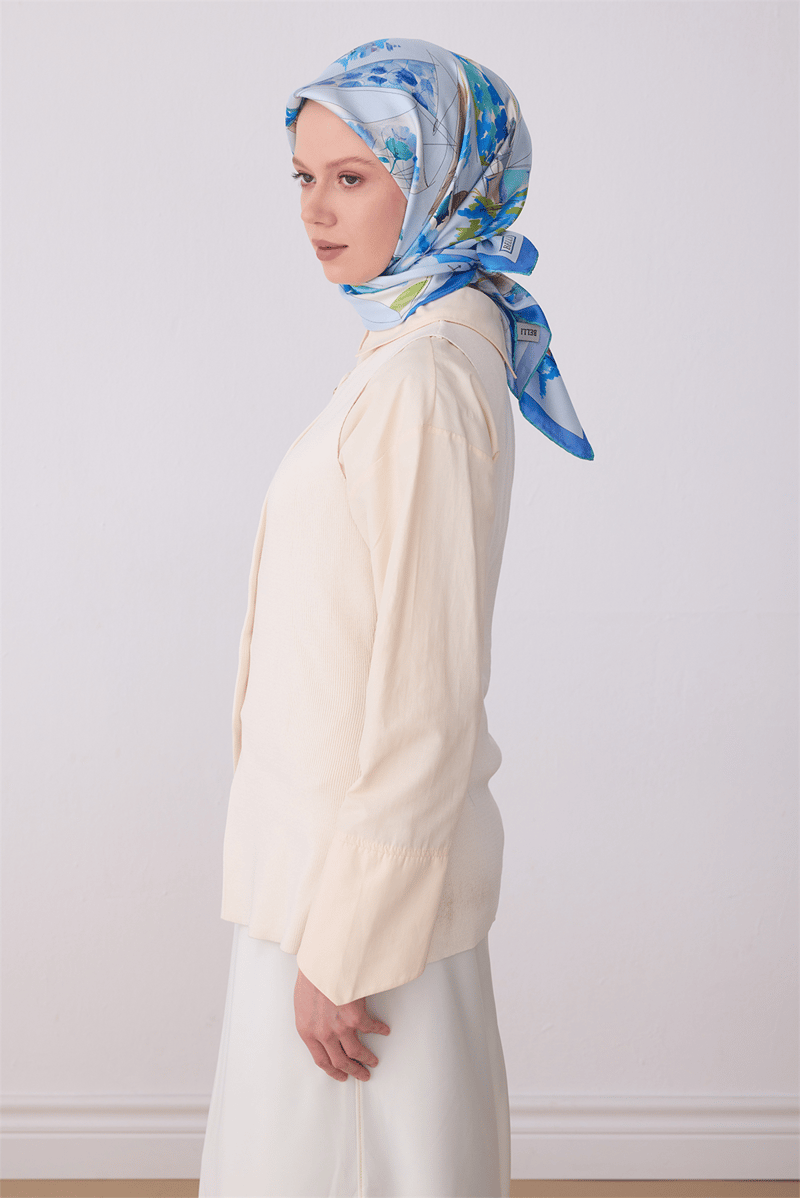 Belli Mavi Obje Desen %100 Twill İpek Eşarp 4316-80
