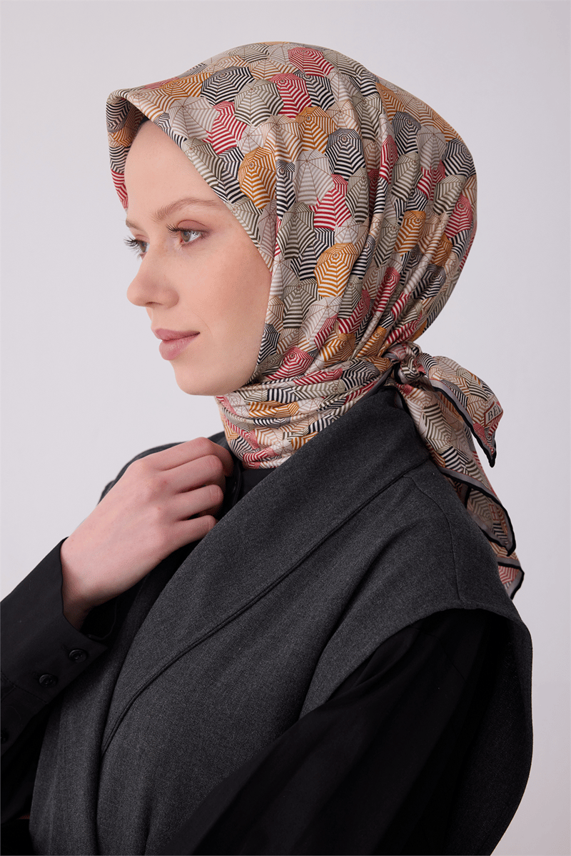 Belli Mavi Obje Desen %100 Twill İpek Eşarp 4313-06