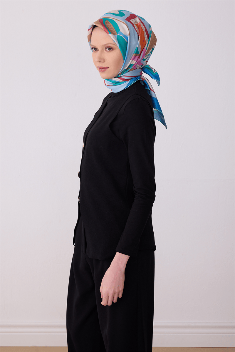 Belli Mavi Soyut Desen %100 Twill İpek Eşarp 4318-34