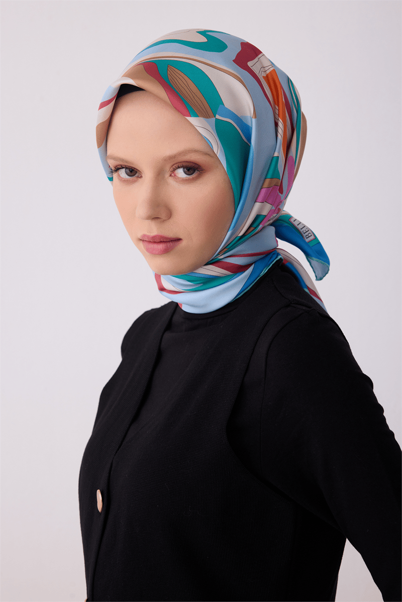 Belli Mavi Soyut Desen %100 Twill İpek Eşarp 4318-34