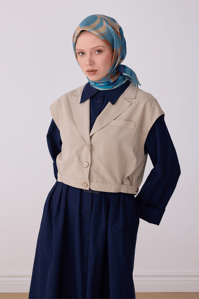 Belli Mavi Soyut Desen %100 Twill İpek Eşarp 4301-81