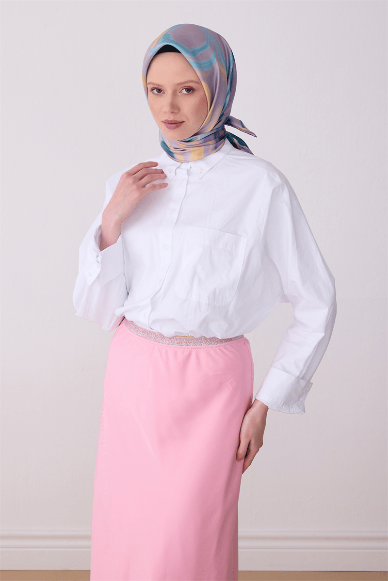 Belli Mor Soyut Desen %100 Twill İpek Eşarp 4301-83