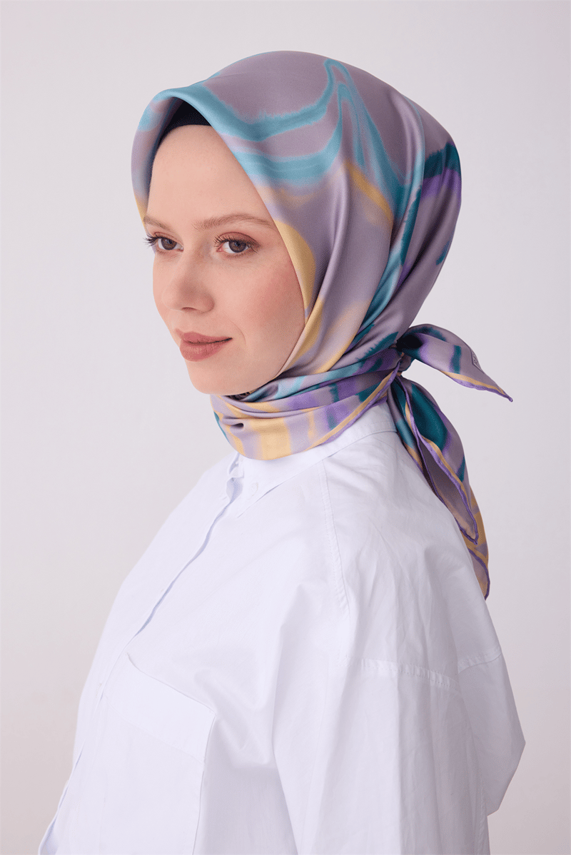 Belli Mor Soyut Desen %100 Twill İpek Eşarp 4301-83