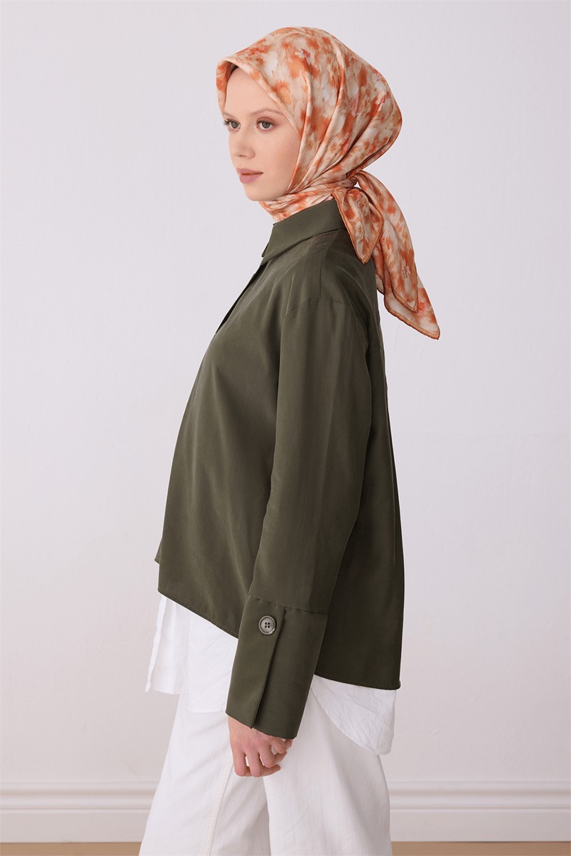 Belli Oranj Çiçek Desen %100 Twill İpek Eşarp 4319-02