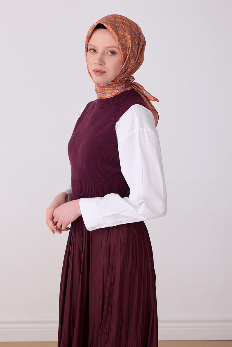 Belli Oranj Etnik Desen %100 Twill İpek Eşarp 4308-33