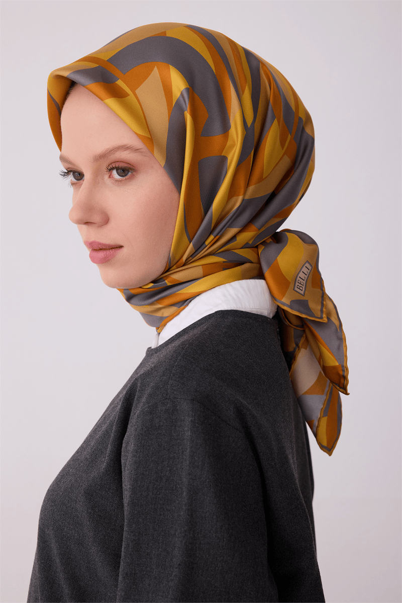 Belli Oranj Geometrik Desen %100 Twill İpek Eşarp 4327-58