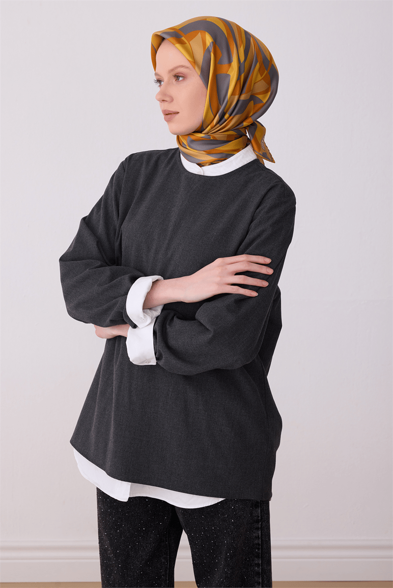 Belli Oranj Geometrik Desen %100 Twill İpek Eşarp 4327-58