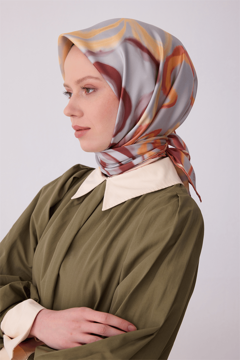 Belli Oranj Soyut Desen %100 Twill İpek Eşarp 4301-35