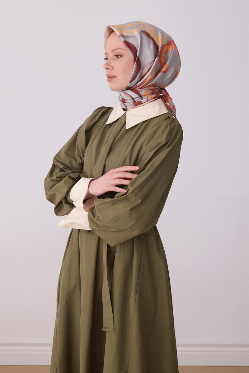Belli Oranj Soyut Desen %100 Twill İpek Eşarp 4301-35