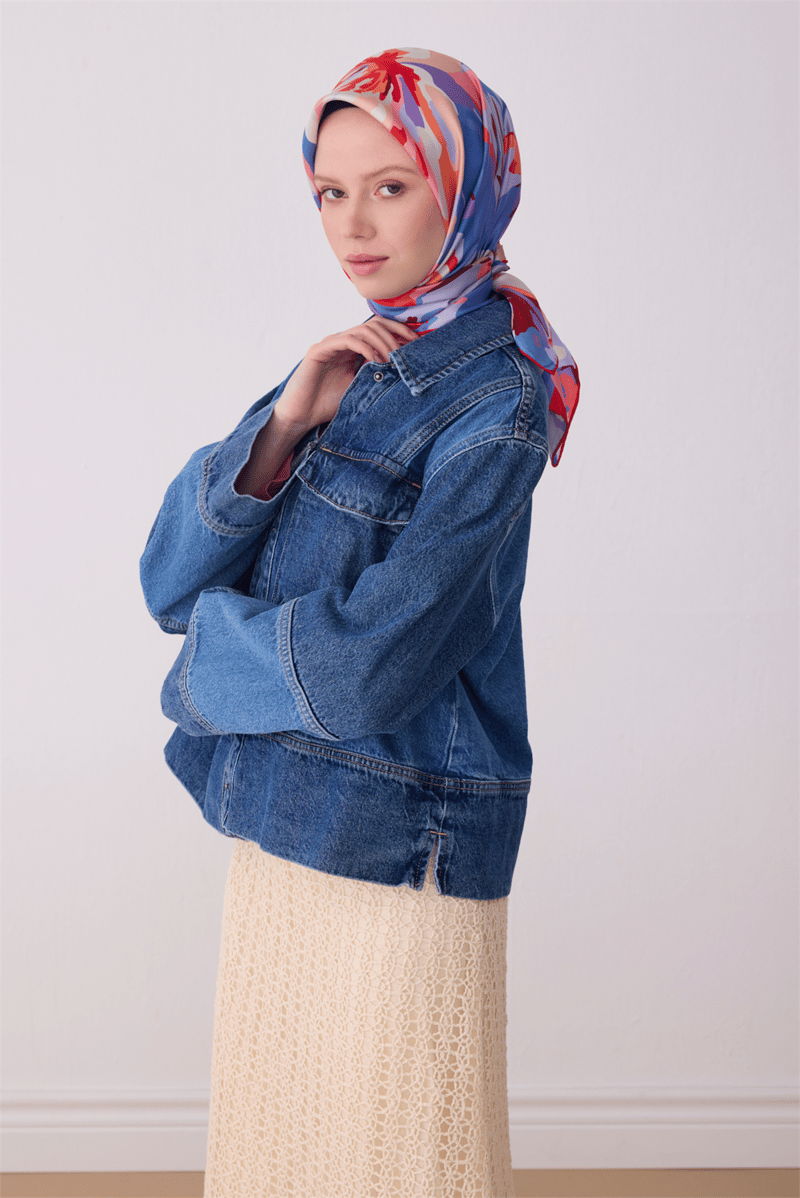 Belli Pembe Çiçek Desen %100 Twill İpek Eşarp 4315-55