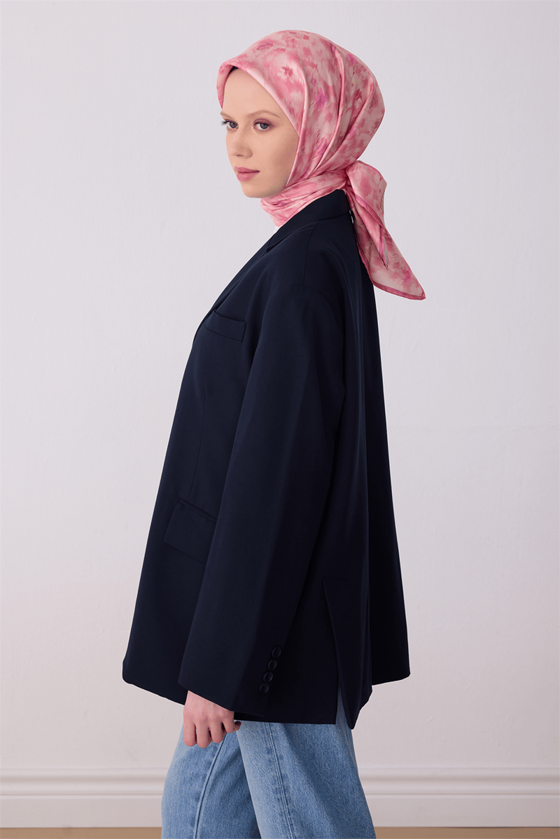 Belli Pembe Çiçek Desen %100 Twill İpek Eşarp 4319-04