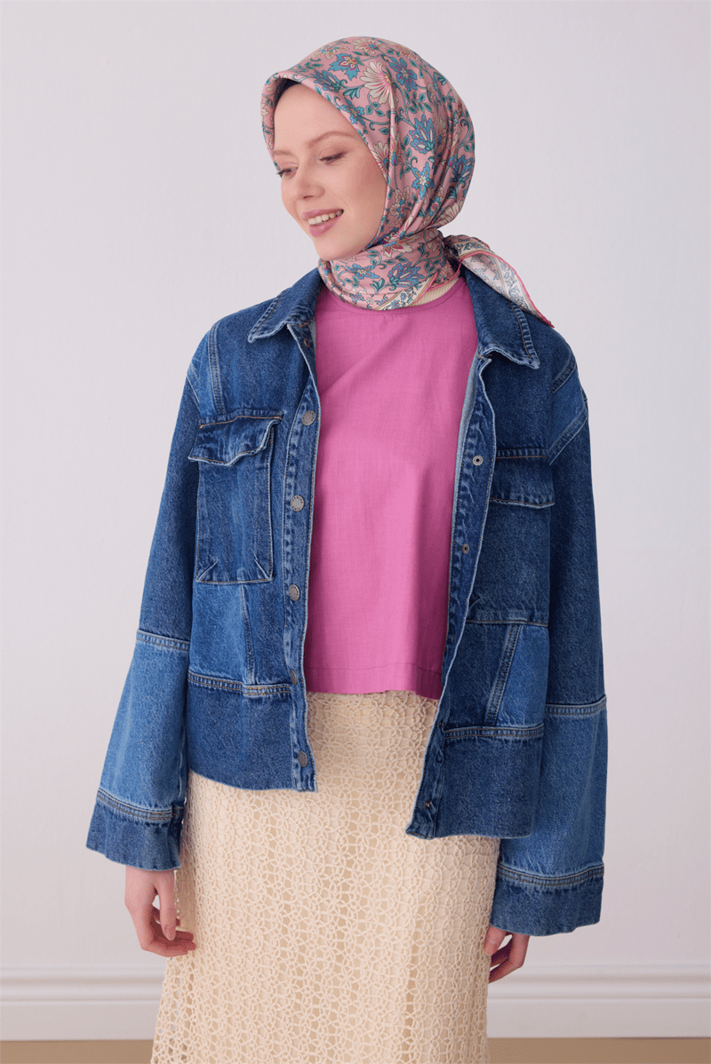 Belli Pembe Etnik Desen %100 Twill İpek Eşarp 4314-81