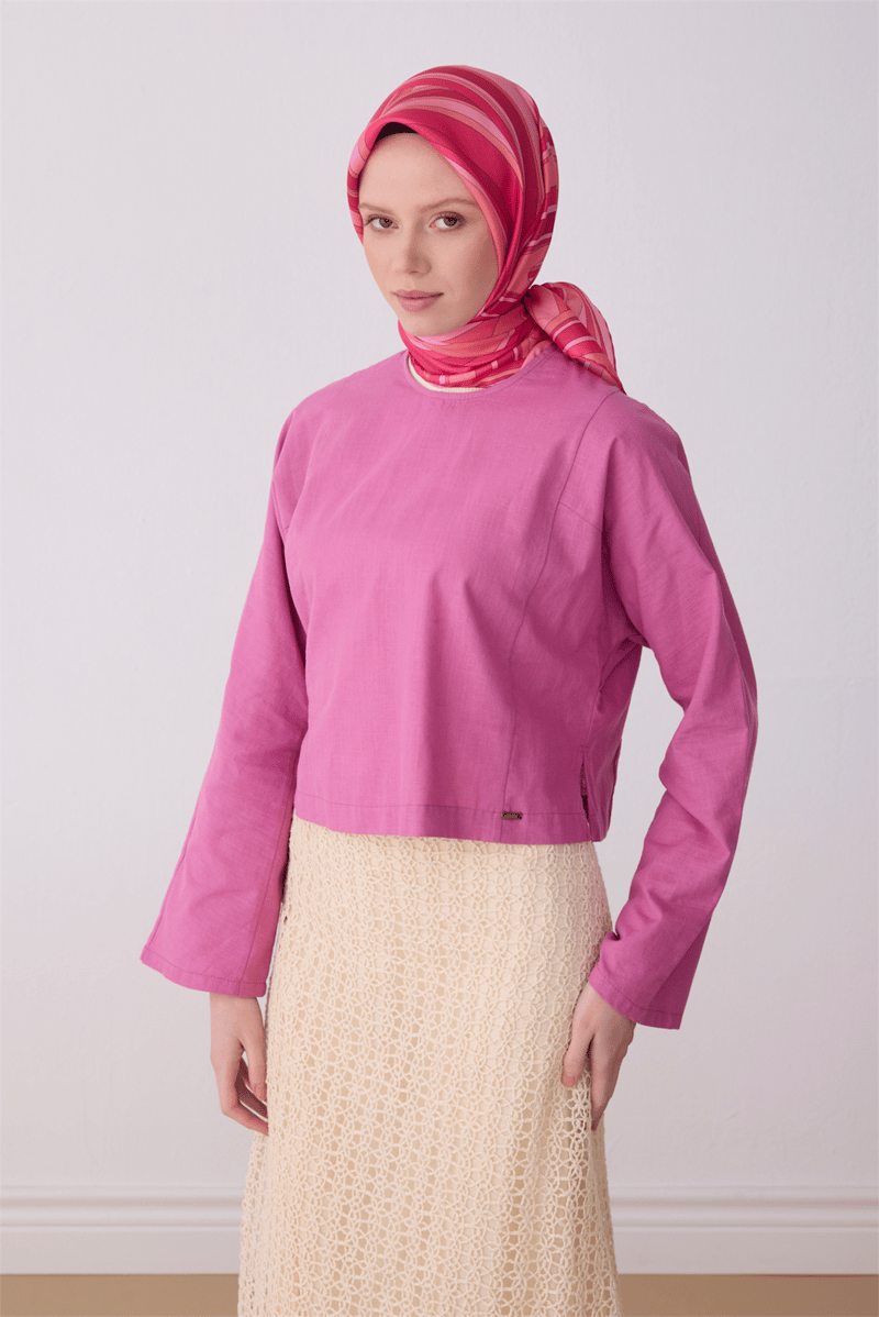 Belli Pembe Geometrik Desen %100 Twill İpek Eşarp 4311-81