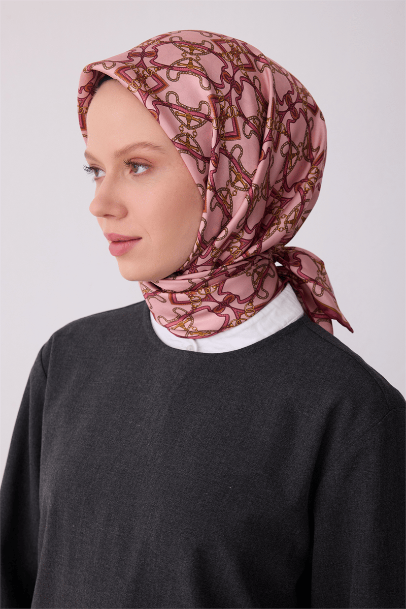 Belli Pembe Klasik Desen %100 Twill İpek Eşarp 4328-02