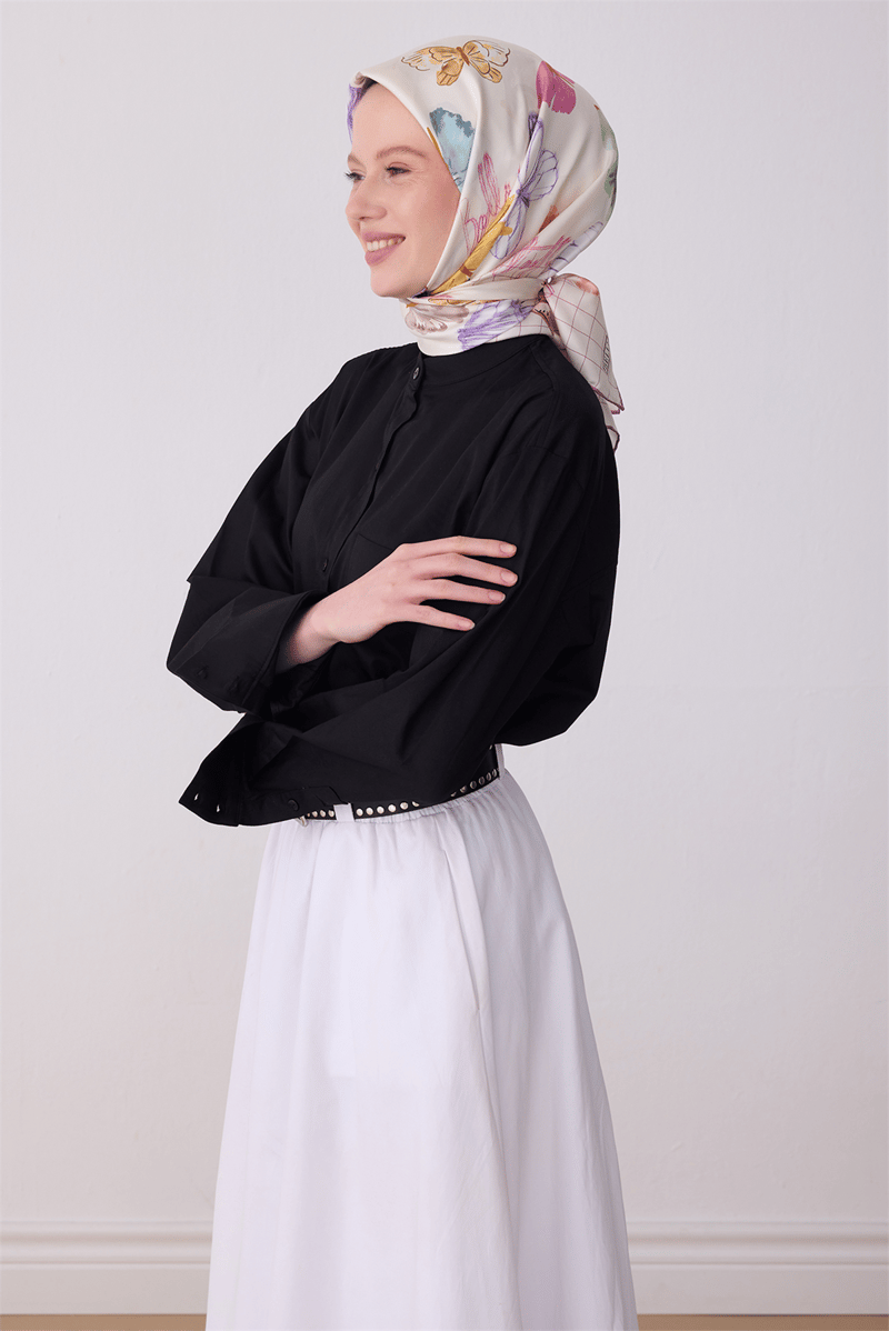 Belli Pembe Obje Desen %100 Twill İpek Eşarp 4329-52