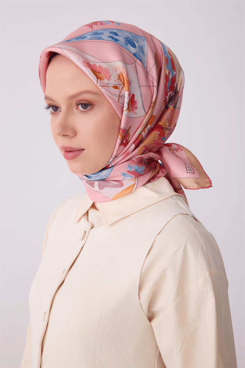 Belli Pembe Obje Desen %100 Twill İpek Eşarp 4316-01
