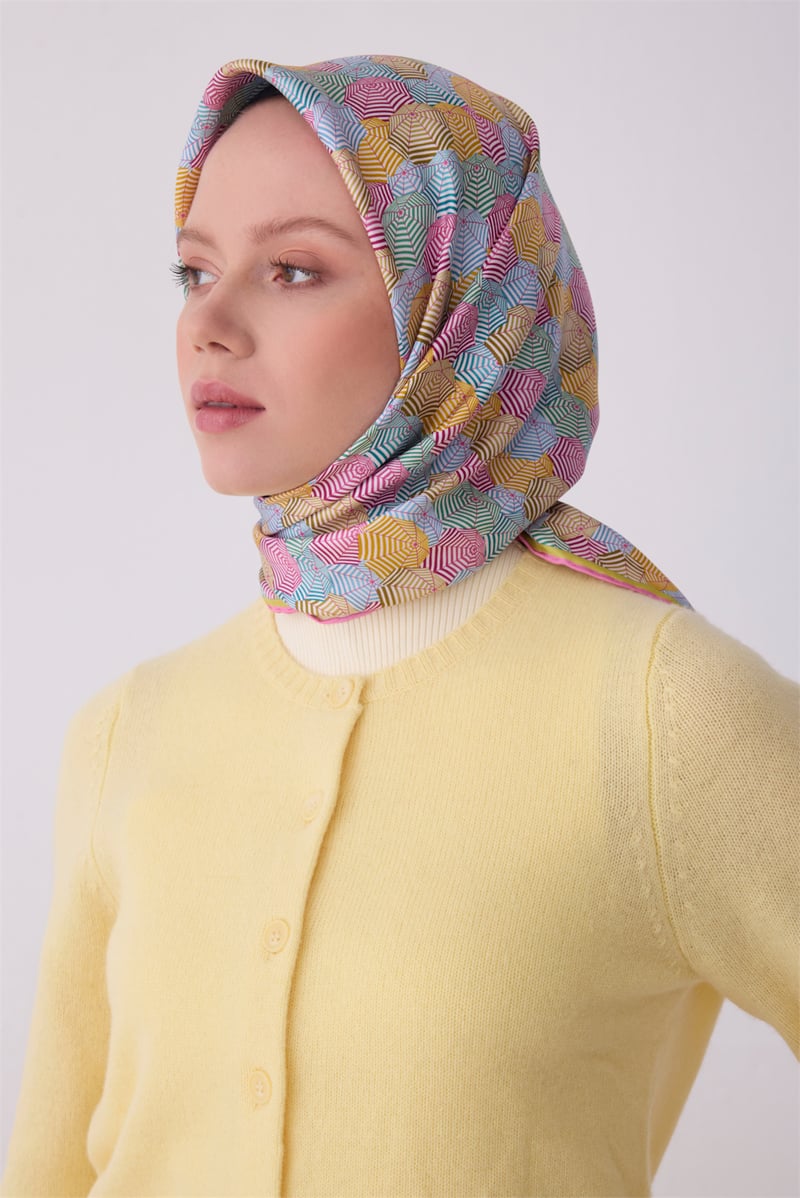 Belli Pembe Obje Desen %100 Twill İpek Eşarp 4313-52
