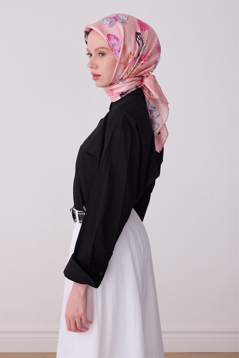 Belli Pembe Obje Desen %100 Twill İpek Eşarp 4329-02