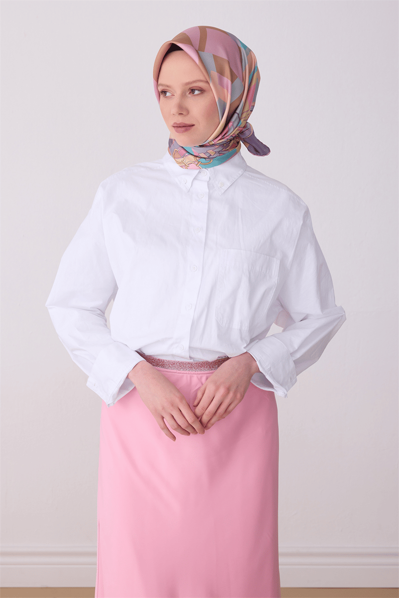 Belli Pembe Obje Desen %100 Twill İpek Eşarp 4300-84