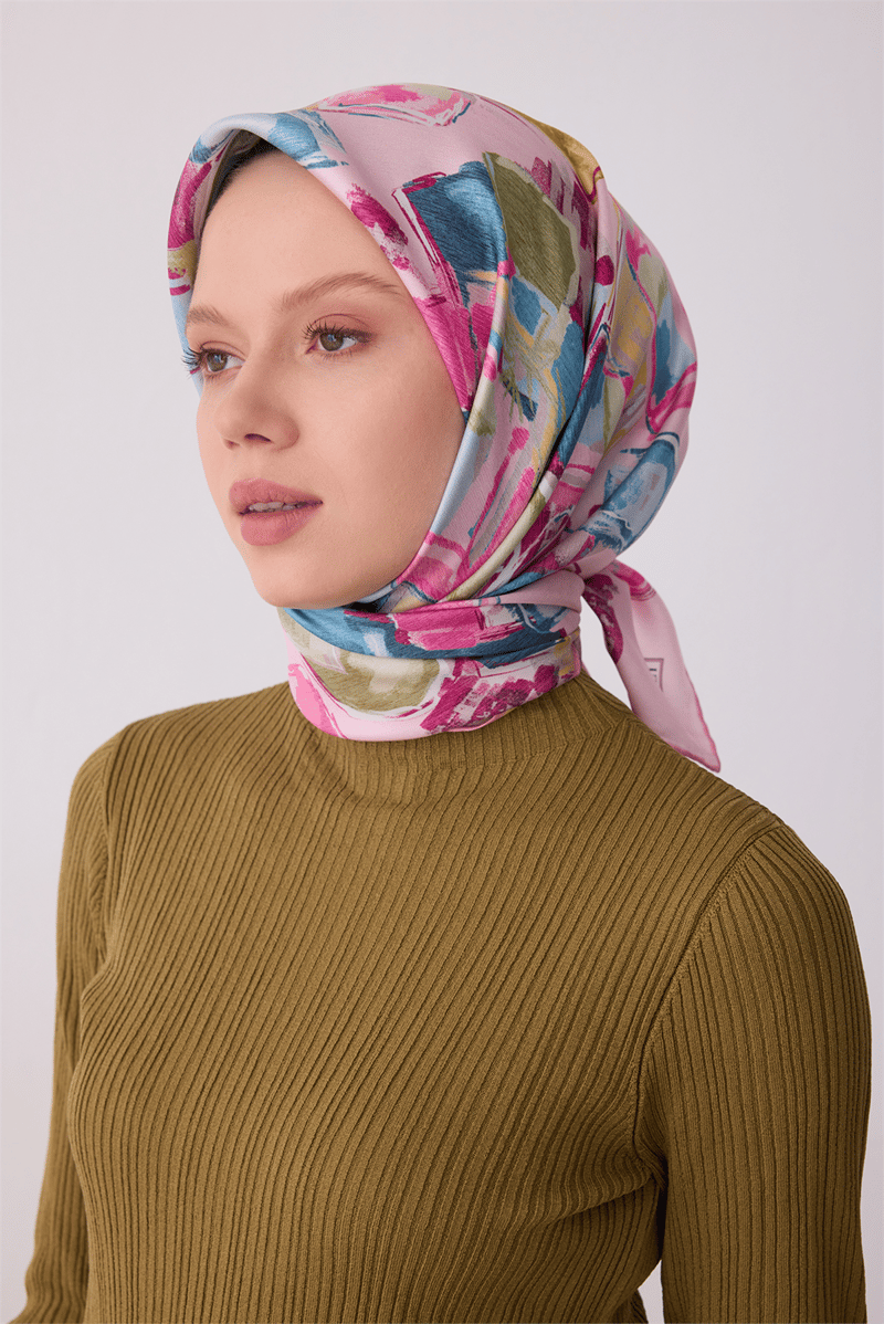 Belli Pembe Soyut Desen %100 Twill İpek Eşarp 4310-02